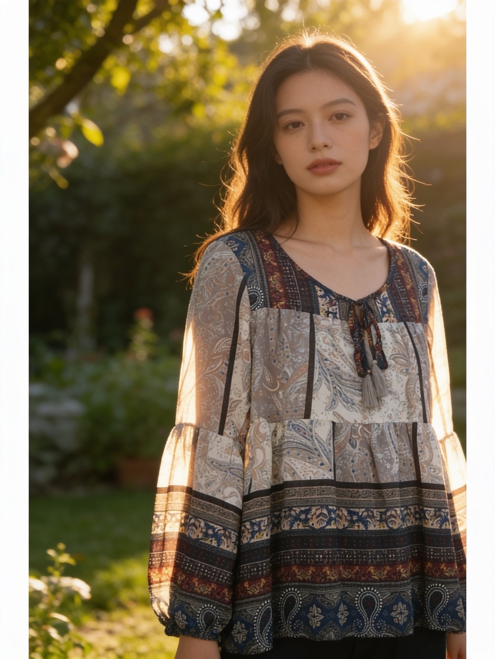Knox Rose Neutral and Navy Paisley Boho Peasant Blouse